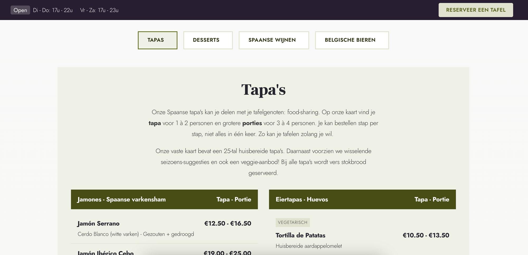 Voorbeeld van een menu op een restaurant website. Website laten maken voor een restaurant in Brugge.
